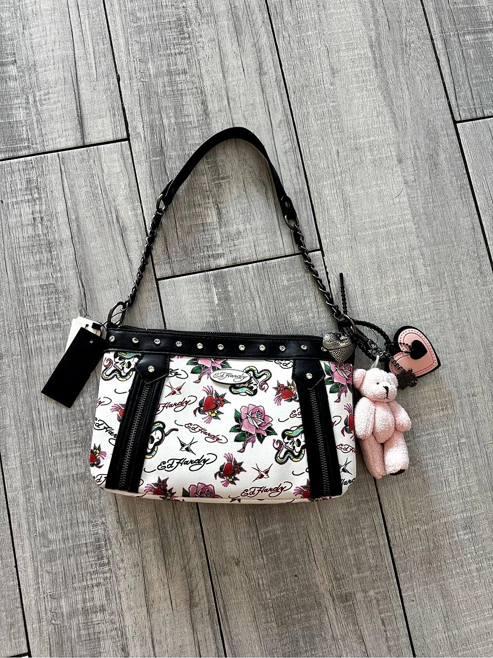 Ed Hardy Skull & Roses Tattoo Print Shoulder Bag in White & Black